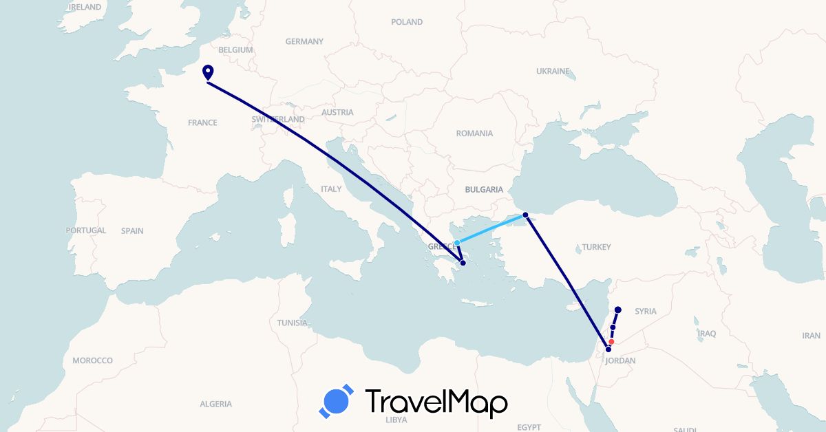 TravelMap itinerary: driving, hiking, boat in France, Greece, Jordan, Syria, Turkey (Asia, Europe)